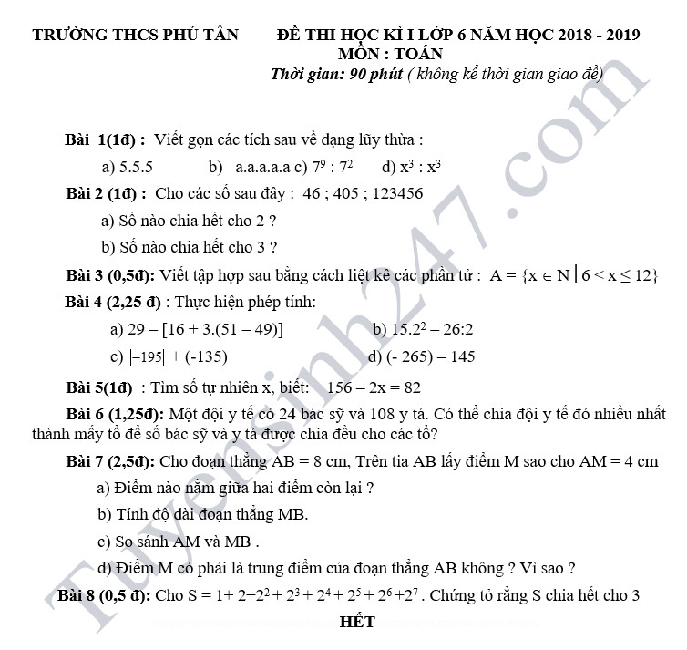 De thi hoc ky 1 lop 6 mon Toan - THCS Phu Tan nam 2018