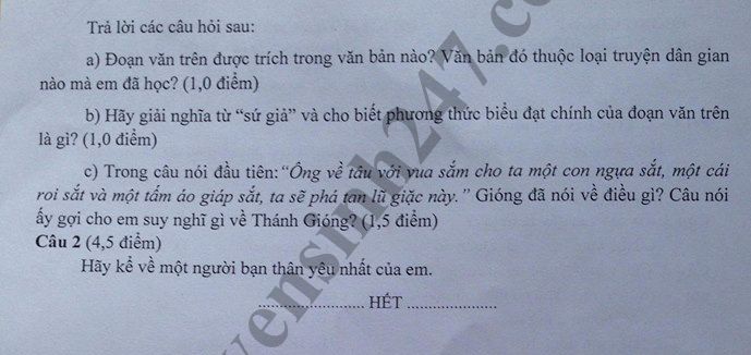 De thi hoc ky 1 lop 6 mon Van - Phong GD Nghia Hung nam 2018