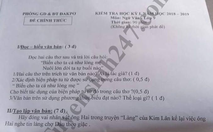 De thi hoc ky 1 lop 9 mon Van - Phong GD Dakpo nam 2018