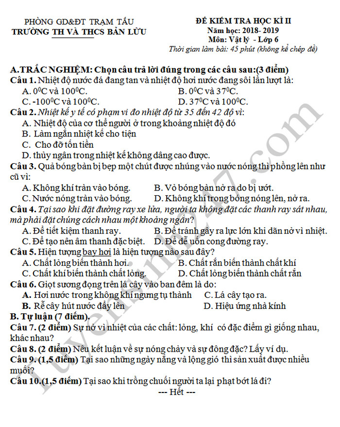 De thi hoc ki 2 mon Li lop 6 - THCS Ban Luu 2019