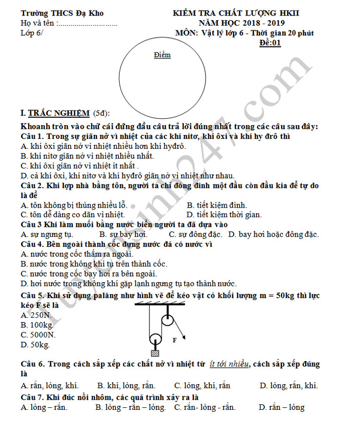 De thi ki 2 mon Li lop 6 - THCS Da Kho 2019