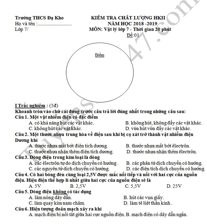 De thi hoc ki 2 mon Ly lop 7 - THCS Da Kho 2019