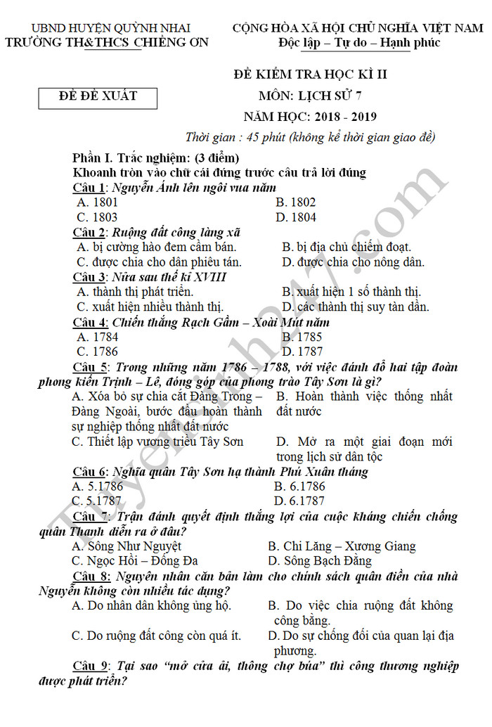 De thi hoc ki 2 mon Su lop 7 - THCS Chieng On nam 2019