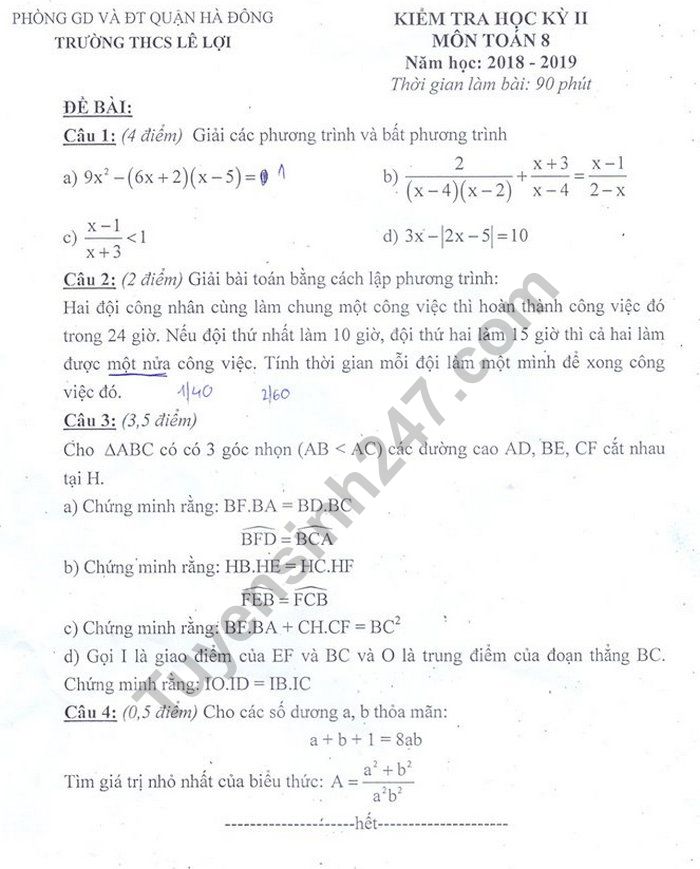 De thi ki 2 mon Toan lop 8 - THCS Le Loi nam 2019