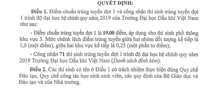 Da co diem chuan Dai hoc Dau Khi Viet Nam 2019