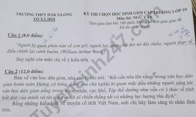 De thi chon HSG cap truong lop 10 mon Van 2020 - Dak Glong