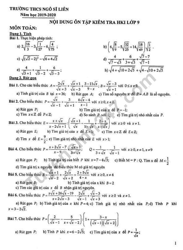 De cuong on tap ki 1 lop 9 mon Toan THCS Ngo Si Lien 2019