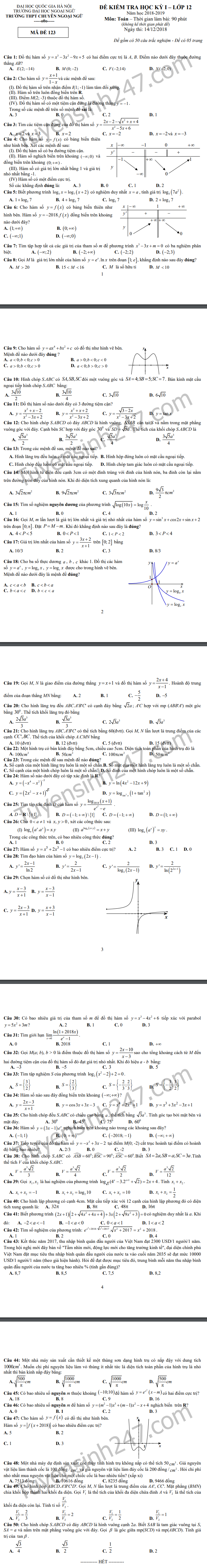 De thi ki 1 lop 12 mon Toan 2019 - Chuyen Ngoai ngu