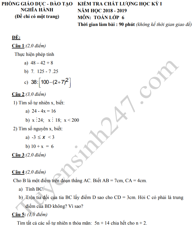 Đề Thi Kì 1 Lớp 6 Môn Toán 2019 - Phòng Gd Nghĩa Hành