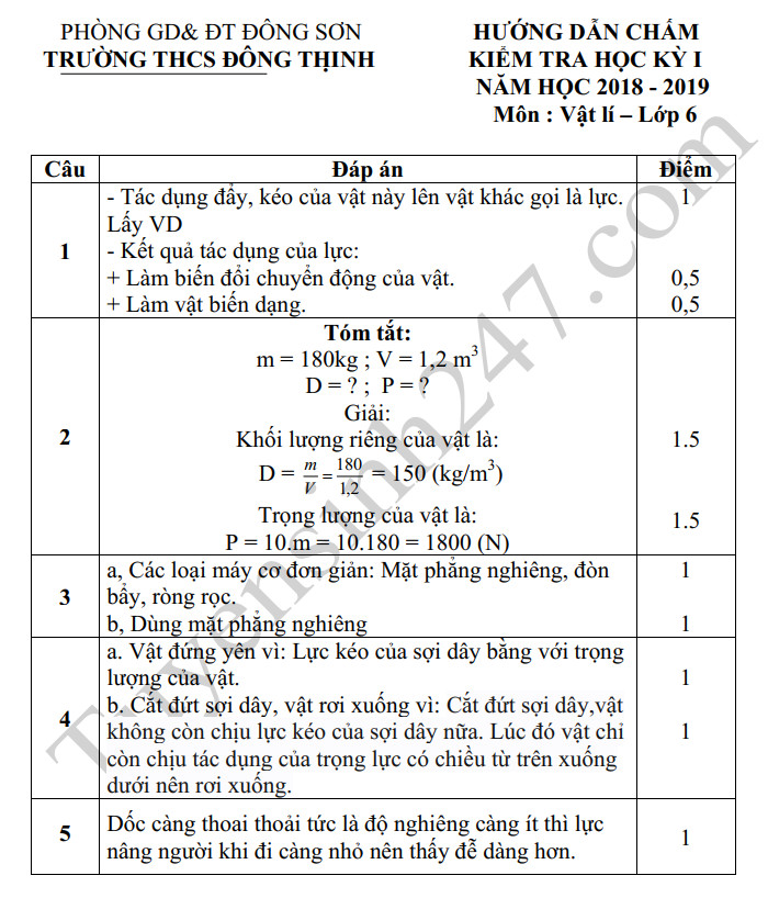 De thi cuoi hoc ki 1 mon Ly lop 6 THCS Dong Thinh nam 2019