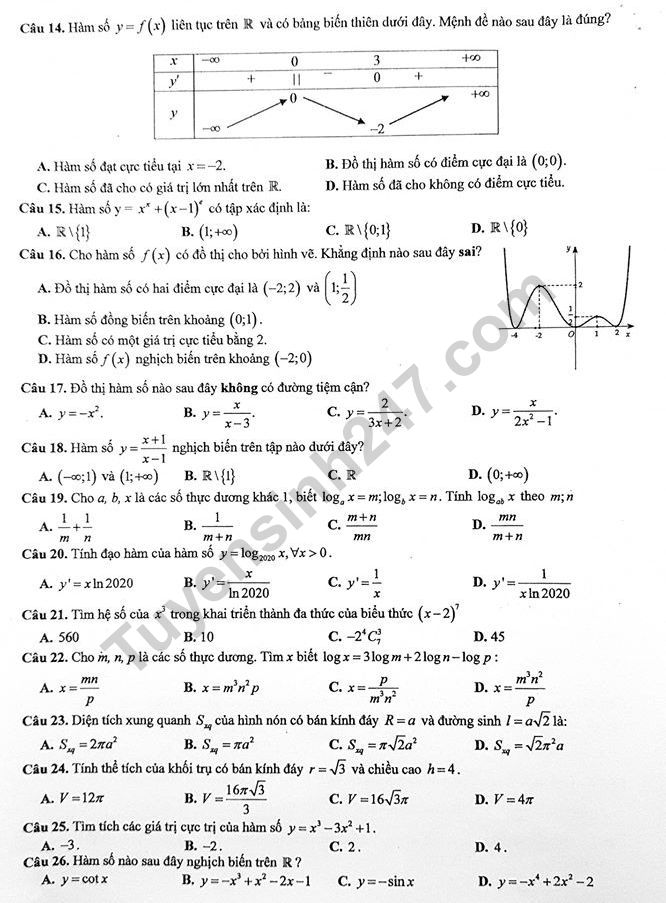 De thi ki 1 lop 12 mon Toan 2019 - 2020 THPT Thang Long