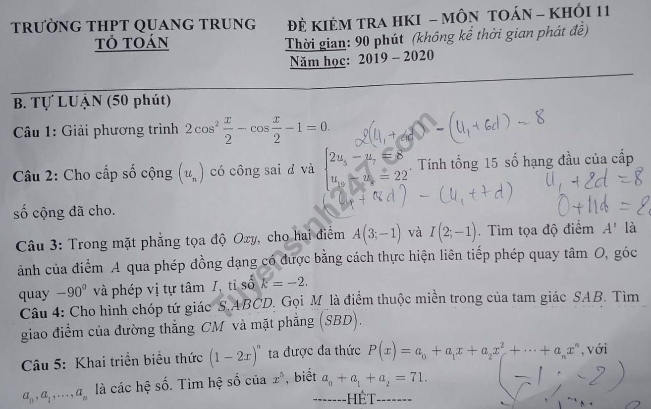 De thi cuoi ki 1 mon Toan lop 11 - THPT Quang Trung nam 2019