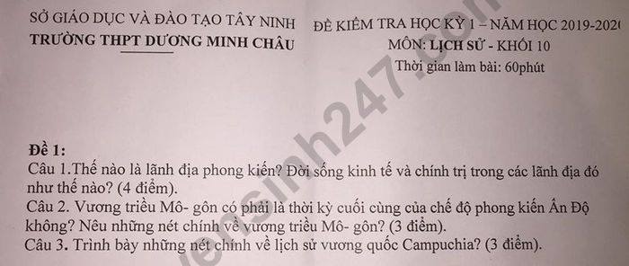 De thi mon Su lop 10 ki 1 THPT Duong Minh Chau nam 2019