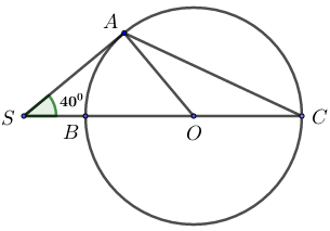 Trong hình vẽ dưới đây, biết góc \(\angle ASC = {40^0},\,\,SA\) là tiếp  tuyến của đường tròn tâm \(O.\) Góc \(\angle ACS\) có số đo bằng
