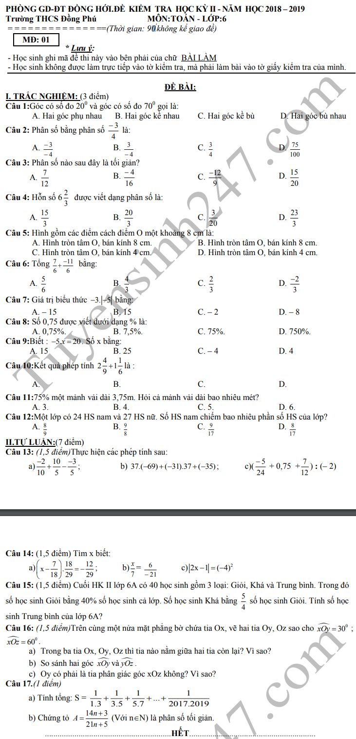 De thi ki 2 mon Toan lop 6 THCS Dong Phu 2019