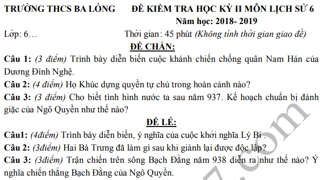 De thi ki 2 mon Su lop 6 nam 2019 - THCS Ba Long