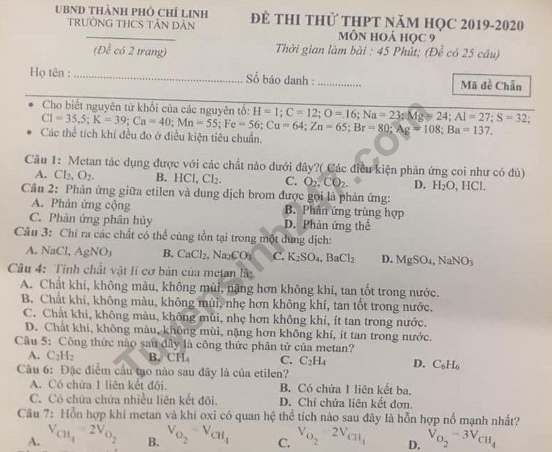 De thi thu vao lop 10 mon Hoa 2020 - THCS Tan Dan