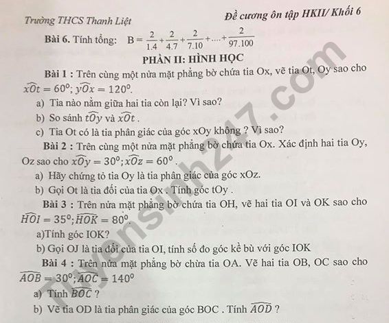 De cuong on tap ki 2 lop 6 mon Toan 2020 - THCS Thanh Liet