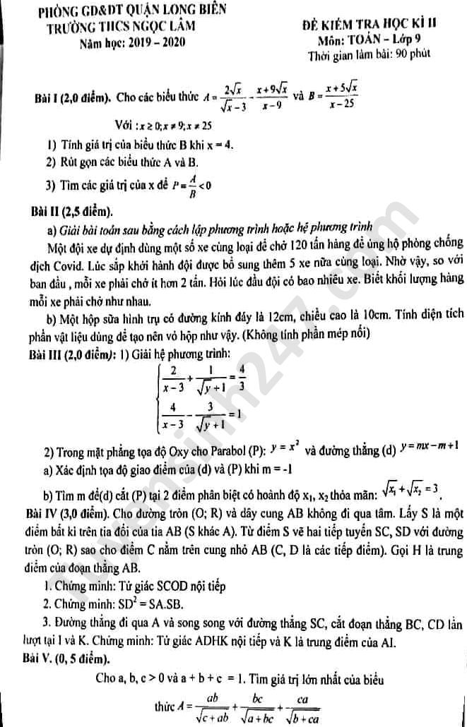 De kiem tra hoc ki 2 mon Toan 9 THCS Ngoc Lam 2020