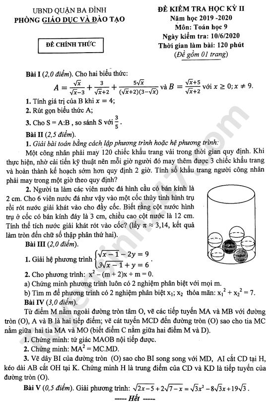 De thi hoc ki 2 nam 2020 mon Toan lop 9 Quan Ba Dinh