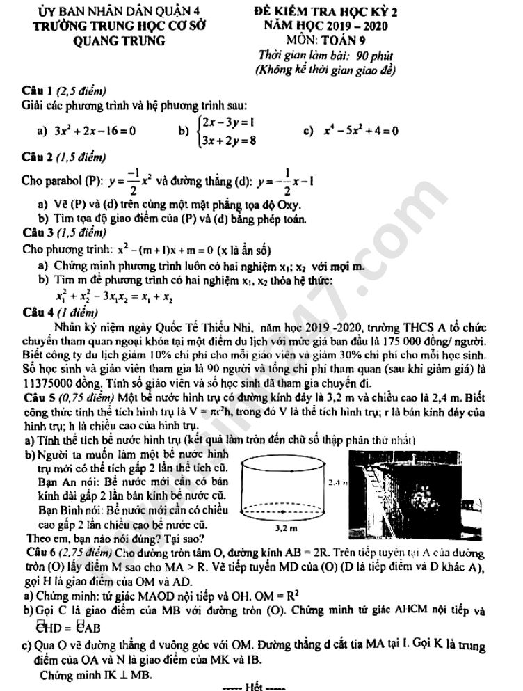 De thi hoc ki 2 nam 2020 mon Toan lop 9 THCS Quang Trung
