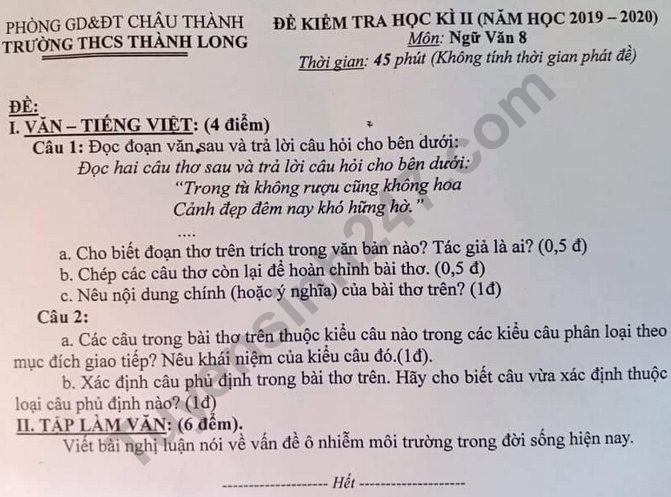 De thi hoc ki 2 lop 8 mon Van 2020 - THCS Thanh Long
