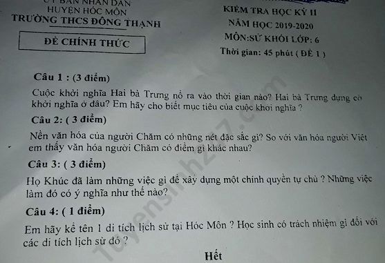 De kiem tra hoc ki 2 mon Su lop 6 THCS Dong Thanh nam 2020