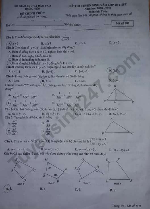 Dap an de thi vao lop 10 mon Toan tinh Hung Yen 2020