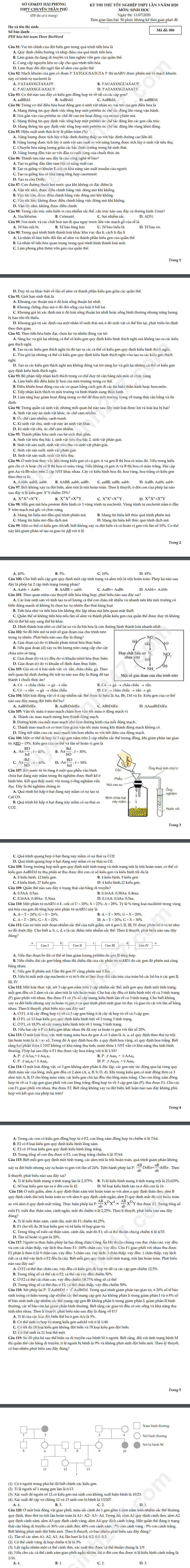 De thi thu tot nghiep THPT lan 3 THPT chuyen Tran Phu mon Sinh 2020