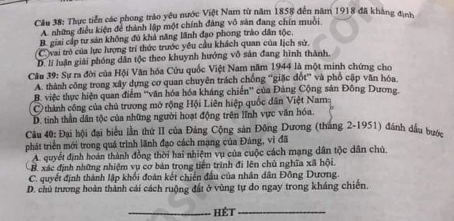 Dap an ma de 303 mon Su thi Tot nghiep THPT nam 2020