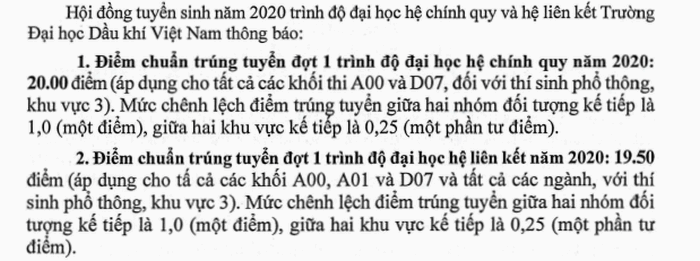Da co diem chuan nam 2020 Dai hoc Dau Khi Viet Nam