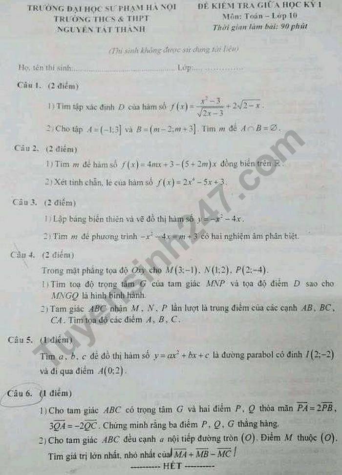 De thi giua HK1 THCS-THPT Nguyen Tat Thanh 2020 Toan lop 10