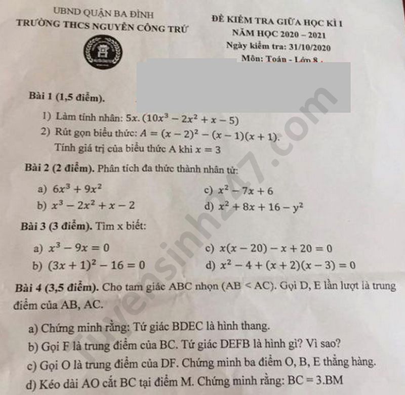 De kiem tra giua HK1 2020 THCS Nguyen Cong Tru Toan lop 8