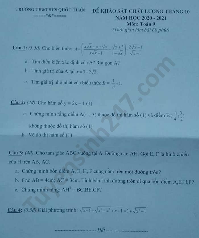 Hãy xem ngay đề khảo sát tháng 10 Toán lớp 9 TH-THCS Trần Quốc Tuấn 2020, nơi bạn có thể đánh giá kiến thức về Toán đang nắm giữ một cách chính xác và đầy đủ.