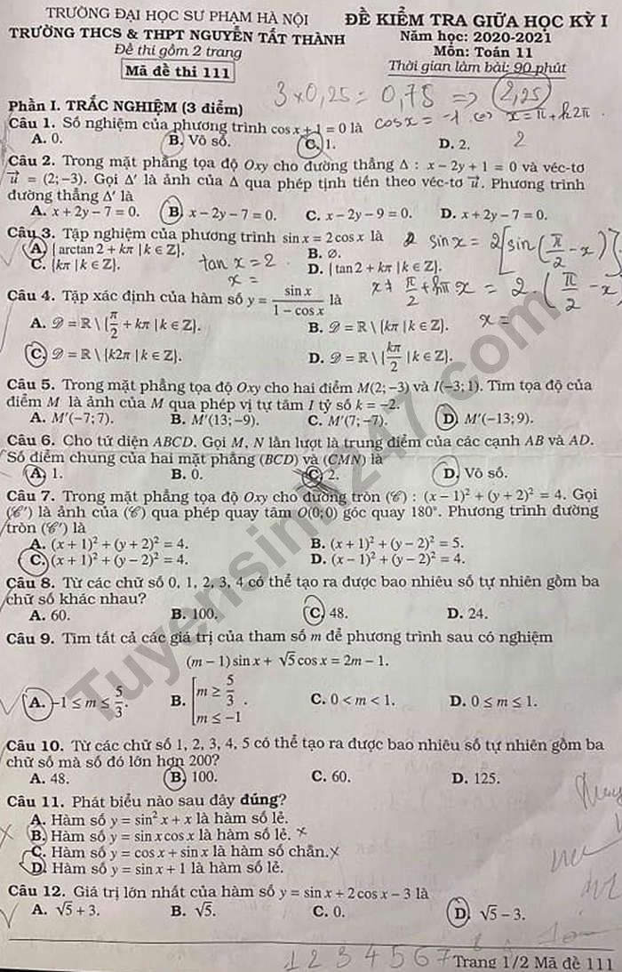 De kiem tra giua ki 1 mon Toan lop 11 - THCS&THPT Nguyen Tat Thanh 2020