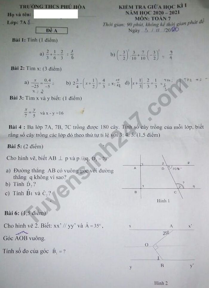 De kiem tra giua hoc ki 1 mon Toan lop 7 THCS Phu Hoa 2020