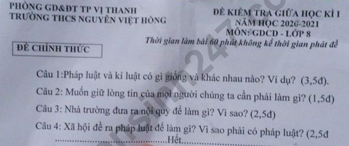 De kiem tra giua ki 1 mon GDCD lop 8 THCS Nguyen Viet Hong 2020