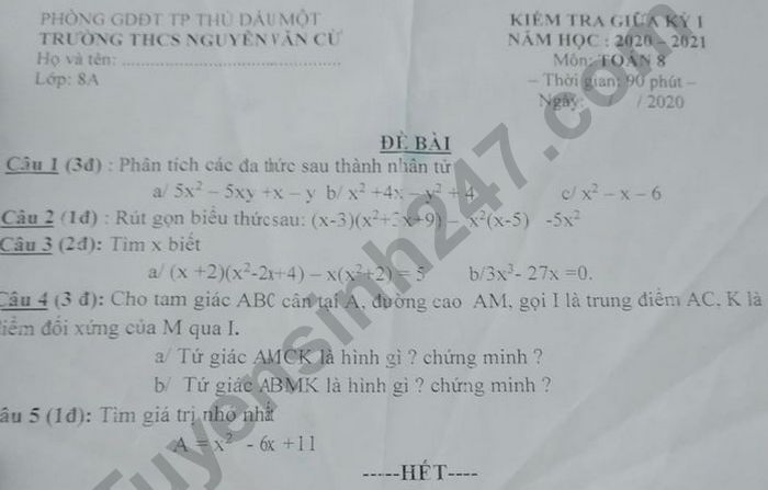 De kiem tra giua ki 1 mon Toan lop 8 THCS Nguyen Van Cu 2020