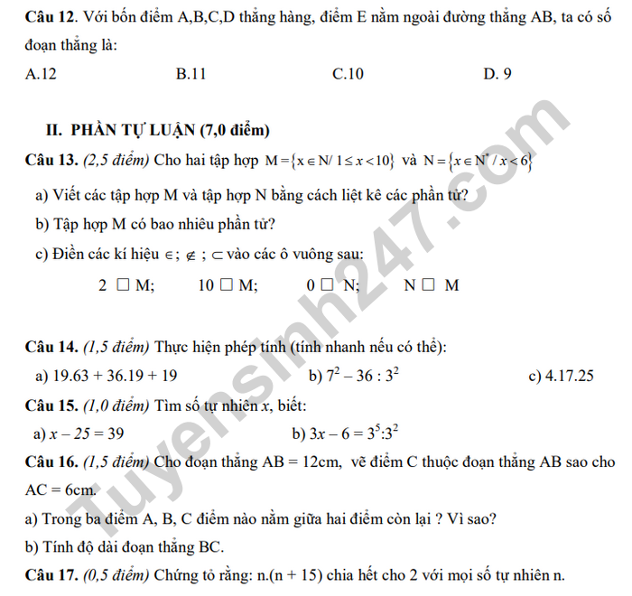 De kiem tra giua hoc ki 1 mon Toan lop 6 THCS Quang Tung 2020