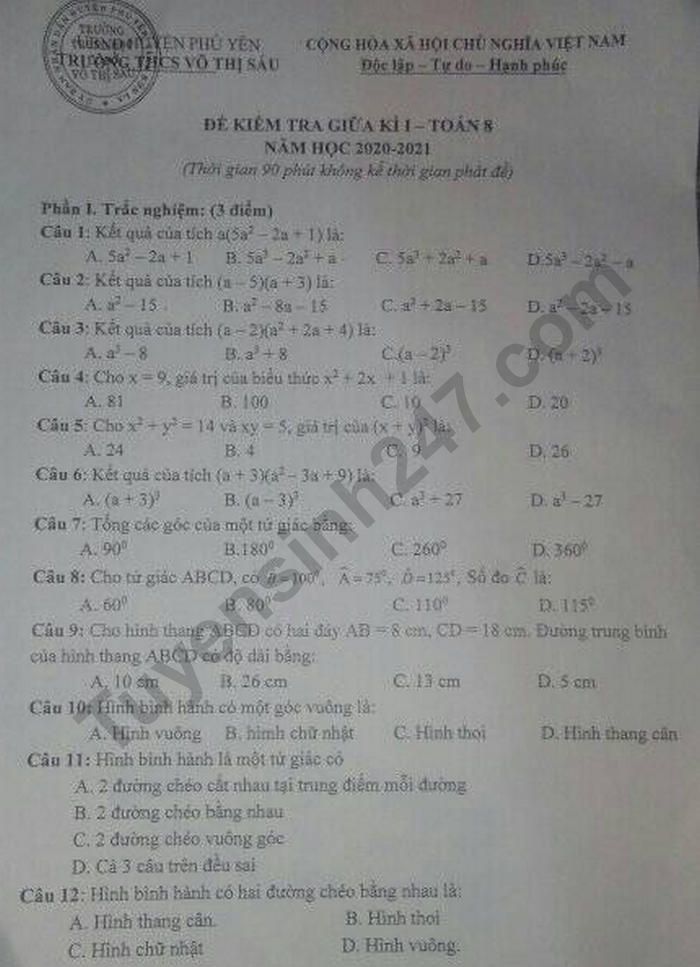 De kiem tra giua ki 1 mon Toan lop 8 THCS Vo Thi Sau nam 2020