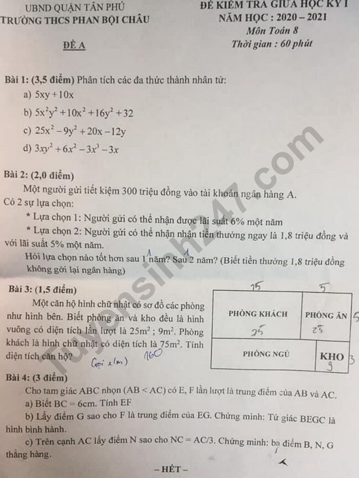 De kiem tra giua HK1 lop 8 mon Toan - THCS Phan Boi Chau 2020