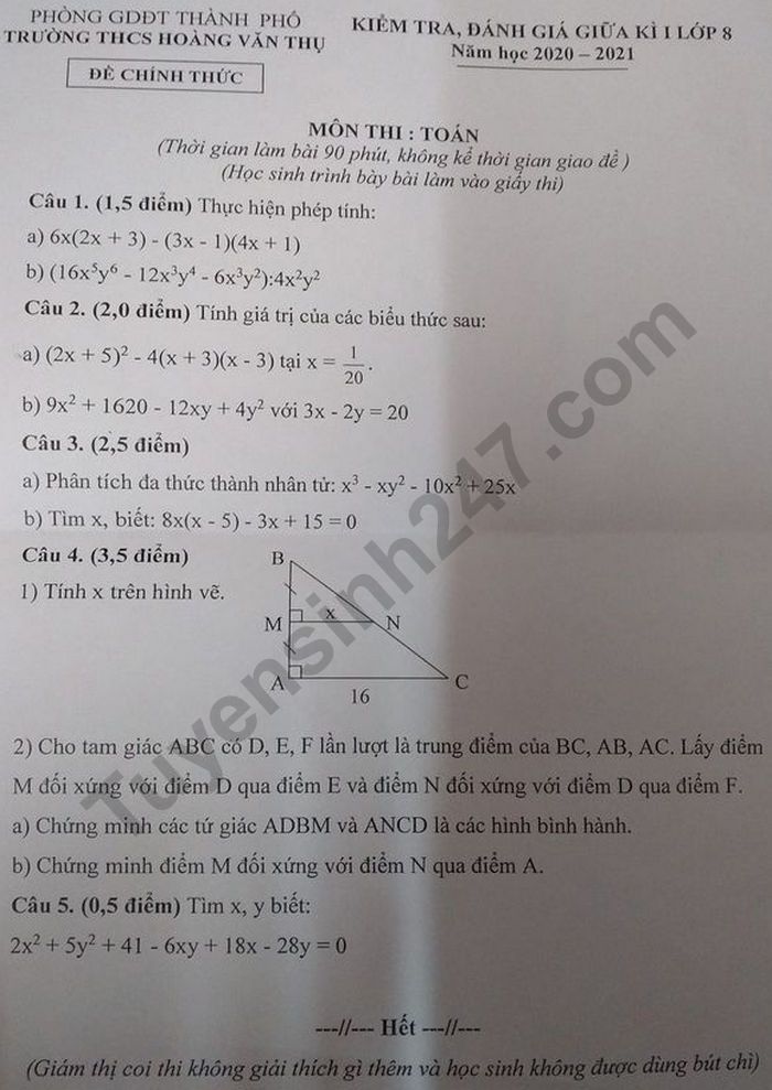 De kiem tra giua ki 1 lop 8 mon Toan - THCS Hoang Van Thu 2020