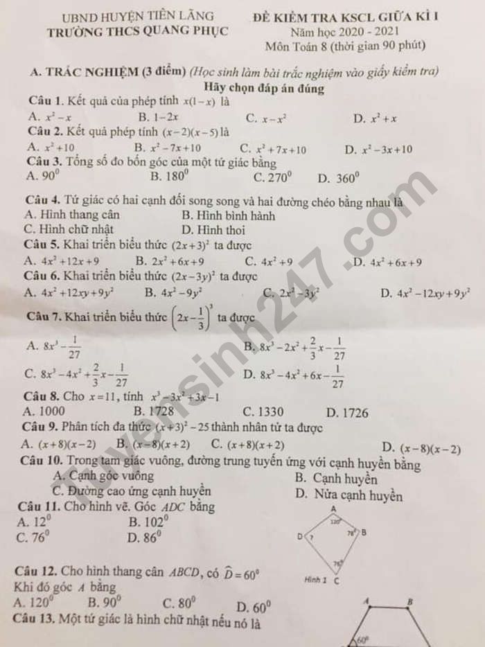 De kiem tra giua HK1 mon Toan lop 8 THCS Quang Phuc nam 2020
