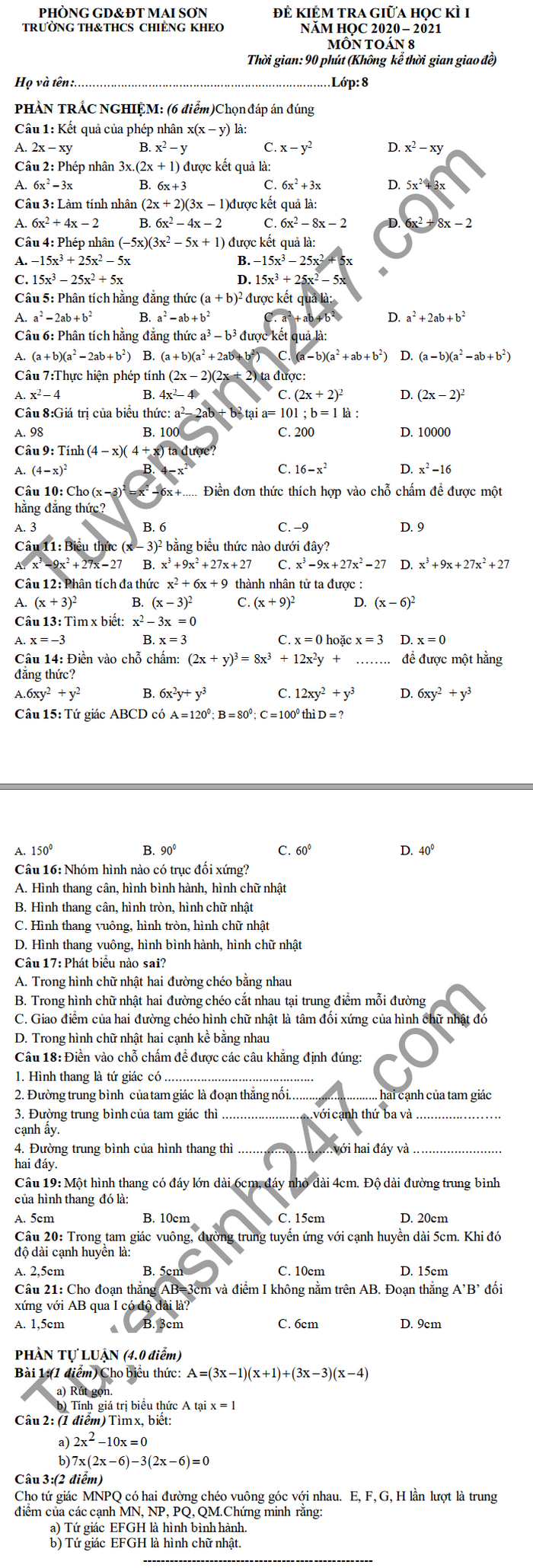 De kiem tra giua HK1 nam 2020 Toan lop 8 TH-THCS Chieng Kheo