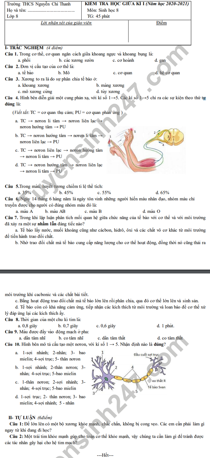 De kiem tra giua HK1 2020 THCS Nguyen Chi Thanh Sinh lop 8