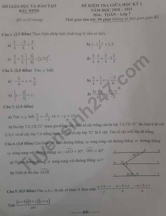 De kiem tra giua HK1 nam 2020 Toan lop 7 tinh Bac Ninh