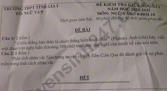 De kiem tra giua HK mon Van lop 10 THPT Tinh Gia 1 nam 2020