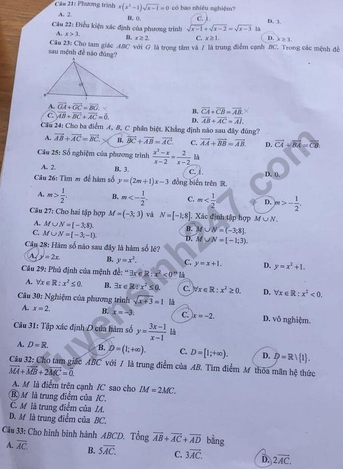 De kiem tra giua HK1 lop 10 mon Toan - THPT Chu Van An 2020