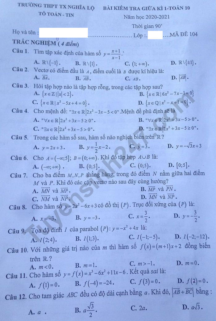 De kiem tra giua ki 1 mon Toan 10 - THPT TX Nghia Lo nam 2020