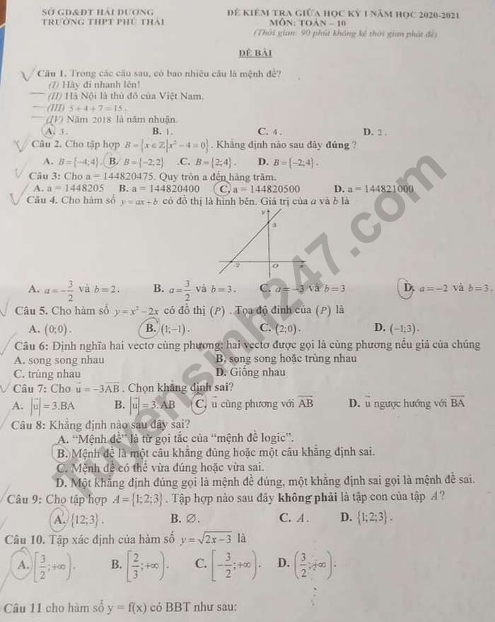 De kiem tra giua HK1 lop 10 mon Toan THPT Phu Thai 2020